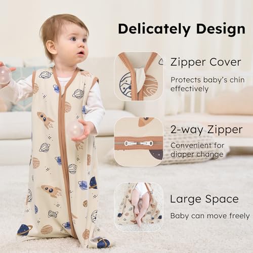 FIEMOL Baby Sleep Sack 0-6 months, 100% Cotton Sleeping Sack for Newborn and Infant, 3 Pack Baby Wearable Blanket for Boy and Girl, 0.5 Tog Lightweight Double Zipper Sleep Bag Coffee Dinosaur Planet - Image 3
