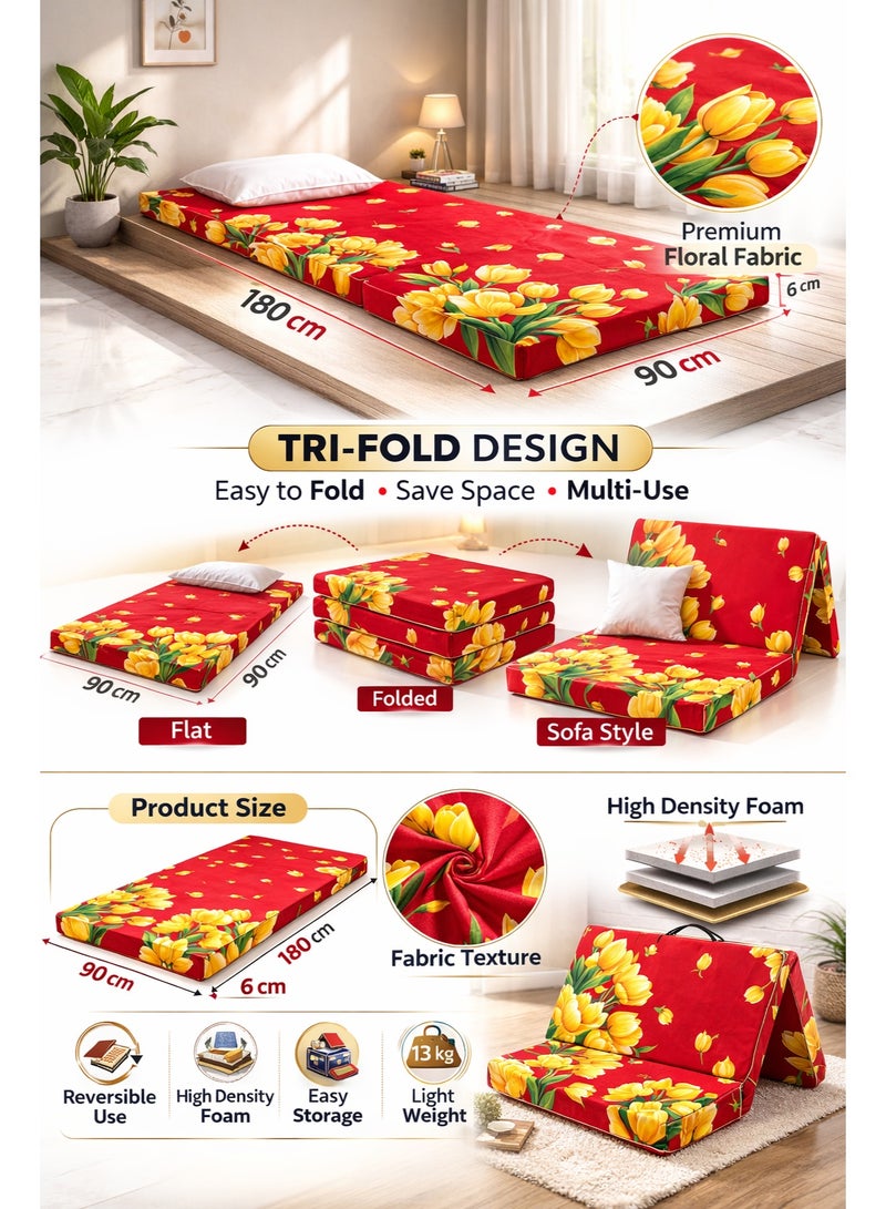 Rexal Home Tri Fold Foam Mattress 90x180x6 cm – Printed Folding Floor Mattress, Multicolour, Soft 13kg Density Polythene Foam, Portable Guest Bed, Space-Saving Foldable Mattress - Image 4