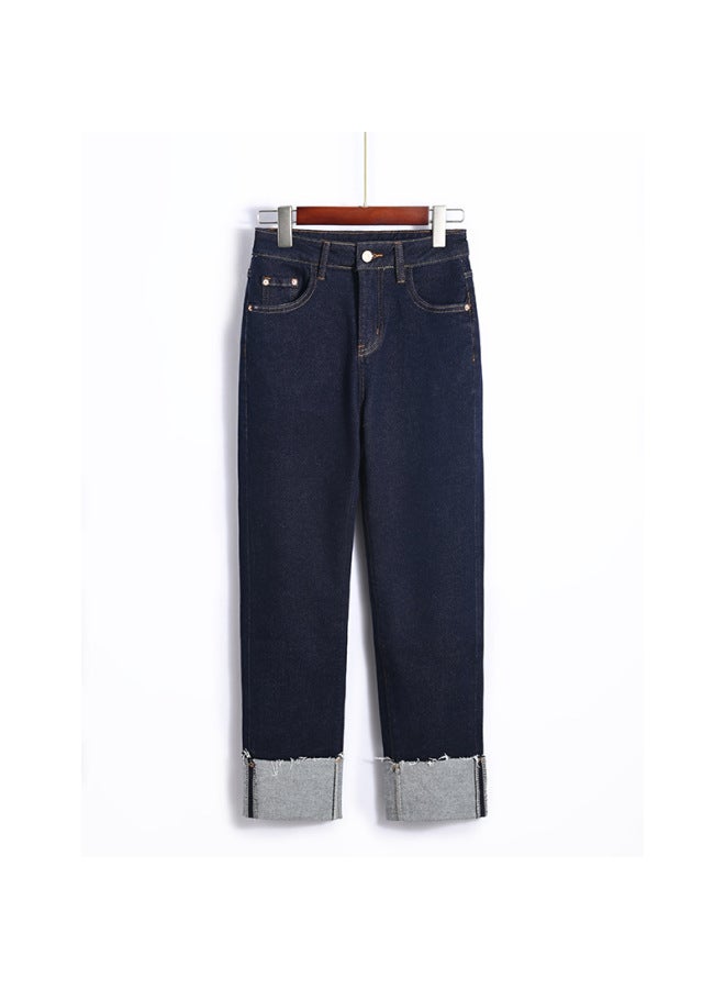 Dark Stretch Egg Roll Pants For Women 2024 Winter And Spring Fleece-lined Warm High Waist Slimming Straight Jeans 132 