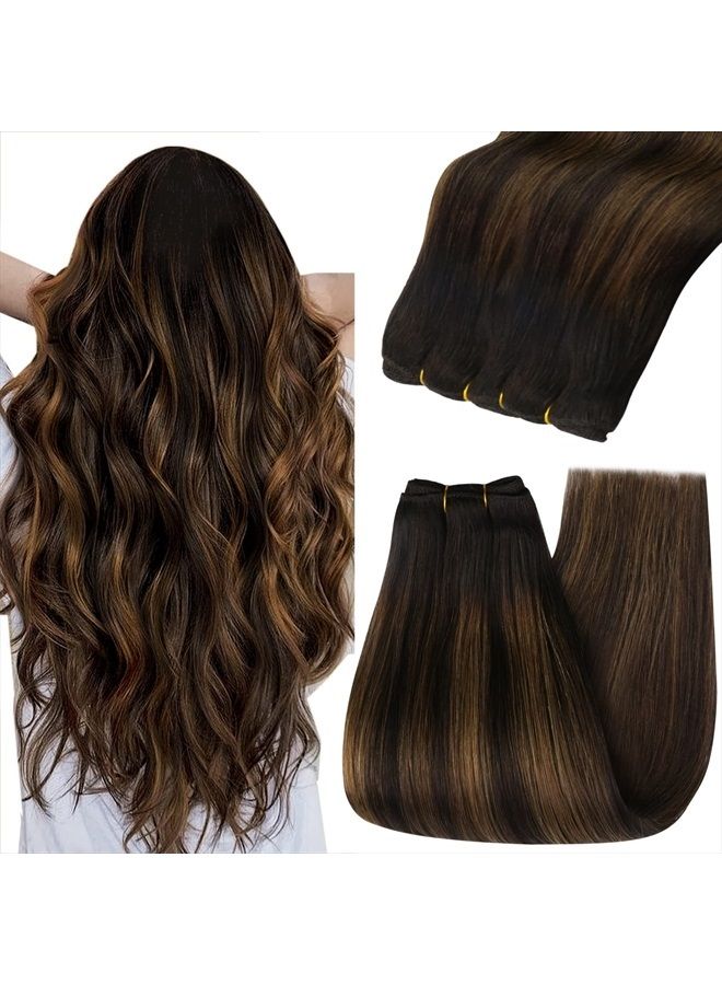 YoungSee Balayage Weft Hair Extensions Human Hair Sew in Hair Extensions Brown 22 Inch Remy Weft Hair Extensions Balayage Darkest Brown with Medium Brown Hair Wefts Human Hair Brown Sew in Extensions - Image 1
