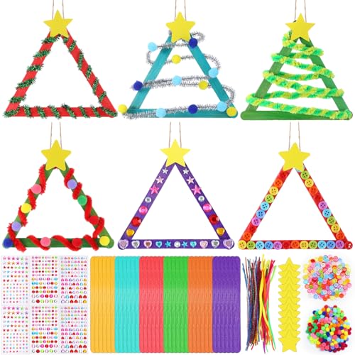 Vertintong 30 Sets Christmas Craft Kits DIY Stick Christmas Tree Ornaments Decoration Craft Stick Hairball Button Sticker Holiday Activities Party Favors - Image 1