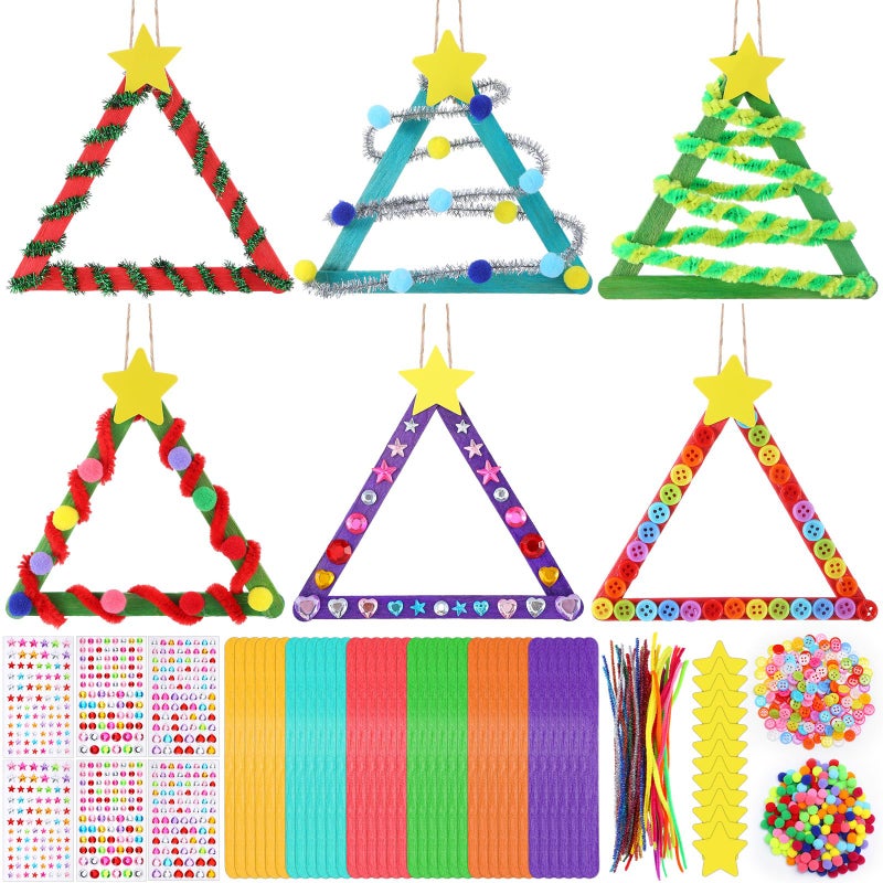 Vertintong 30 Sets Christmas Craft Kits DIY Stick Christmas Tree Ornaments Decoration Craft Stick Hairball Button Sticker Holiday Activities Party Favors - Image 3