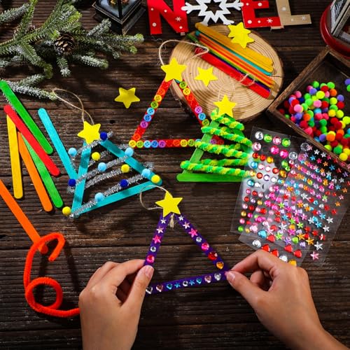 Vertintong 30 Sets Christmas Craft Kits DIY Stick Christmas Tree Ornaments Decoration Craft Stick Hairball Button Sticker Holiday Activities Party Favors - Image 5