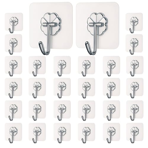 DALUCI Self Adhesive Wall Hooks for Hanging - 30 Pcs Heavy Duty Wall Hanger Hooks Without Drill | Transparent Nail Free Sticky Hooks for Wall Heavy Items, Bathroom, Kitchen (Flower Hook, 30) - Image 1