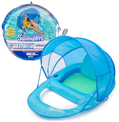SwimWays Spring Float Premium Recliner with Canopy Pool Lounger Inflatable Pool Floats Adult with Fast Inflation for Ages 15 Up Sky Blue - Image 1