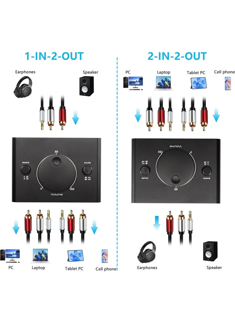 CERRXIAN CERRXIANR BiDirectional 2Way 35mm RCA Stereo Audio Switcher 2 Input 1 Output  1 Input 2 Output Audio Splitter Switcher Box OneKey Mute Button for Headphones Speaker Computers Laptops etc  - Image 4