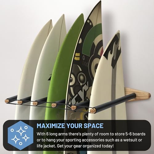 Hang 11 Vertical Surfboard Rack - Surf Racks for Wall, Sustainable Hardwood Surf Board Holder with Rubber Mat, Surfboard Wall Mount, Paddle Board & SUP Garage Storage (6 arms / 5-6 boards) - Image 4