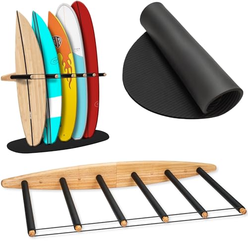 Hang 11 Vertical Surfboard Rack - Surf Racks for Wall, Sustainable Hardwood Surf Board Holder with Rubber Mat, Surfboard Wall Mount, Paddle Board & SUP Garage Storage (6 arms / 5-6 boards) - Image 1