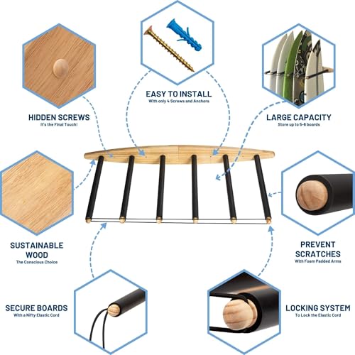 Hang 11 Vertical Surfboard Rack - Surf Racks for Wall, Sustainable Hardwood Surf Board Holder with Rubber Mat, Surfboard Wall Mount, Paddle Board & SUP Garage Storage (6 arms / 5-6 boards) - Image 3