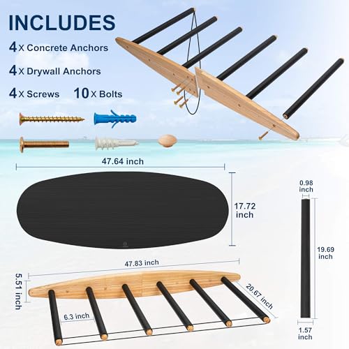 Hang 11 Vertical Surfboard Rack - Surf Racks for Wall, Sustainable Hardwood Surf Board Holder with Rubber Mat, Surfboard Wall Mount, Paddle Board & SUP Garage Storage (6 arms / 5-6 boards) - Image 5