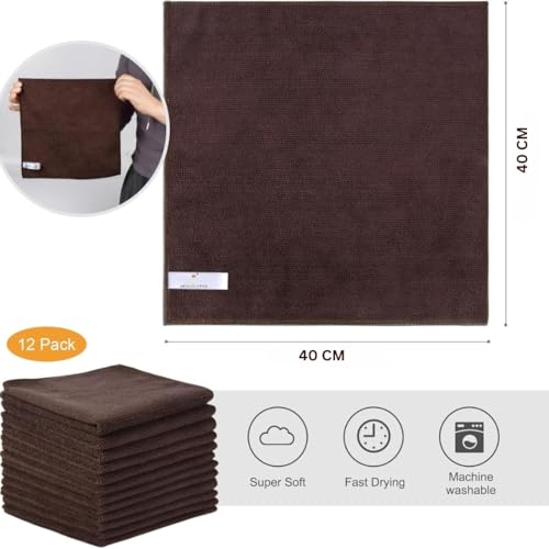 Showstopper 250 GSM Microfiber Cleaning Cloths, Pack of 12 - Lint-Free, Streak-Free - Reusable, Durable, Machine Washable Towels for Car, Kitchen & Windows (Dark Brown, 40cm X 40cm) - Image 2