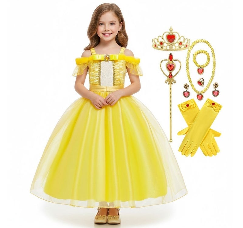 JAYATO 8 PCS Yellow Costume Princess Dress Set with Crown and Scepter, Best Gift for Girls, Birthday Party Role-playing, Queen Dress, Size M (3-4 years old) - Image 1