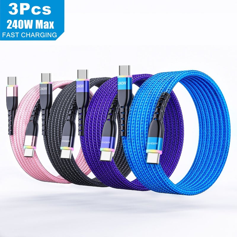 3 Pcs 240W Max Breathing Light Super Fast Charging USB C Cable Nylon Braided Cord 2m 6.6ft Fast Charging Type C Charger For Smartphone Tablet Laptop Black Blue Pink - Image 1