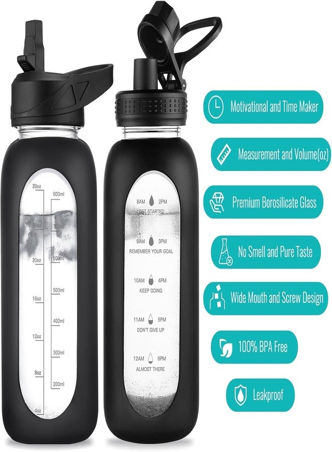 EALGRO 40 oz Glass Water Bottle With Straw and Handle, Sports Motivational Water Jug Flask with Silicone Sleeve, Large Water Cup with Time Marker for Travel, Gym, Black - Image 4