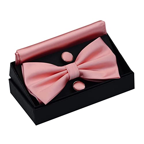 GUSLESON Mens Dusty Pink Wedding Bow Tie Set Pre-tied Bowtie and Pocket Square Cufflink (0570-36) - Image 3