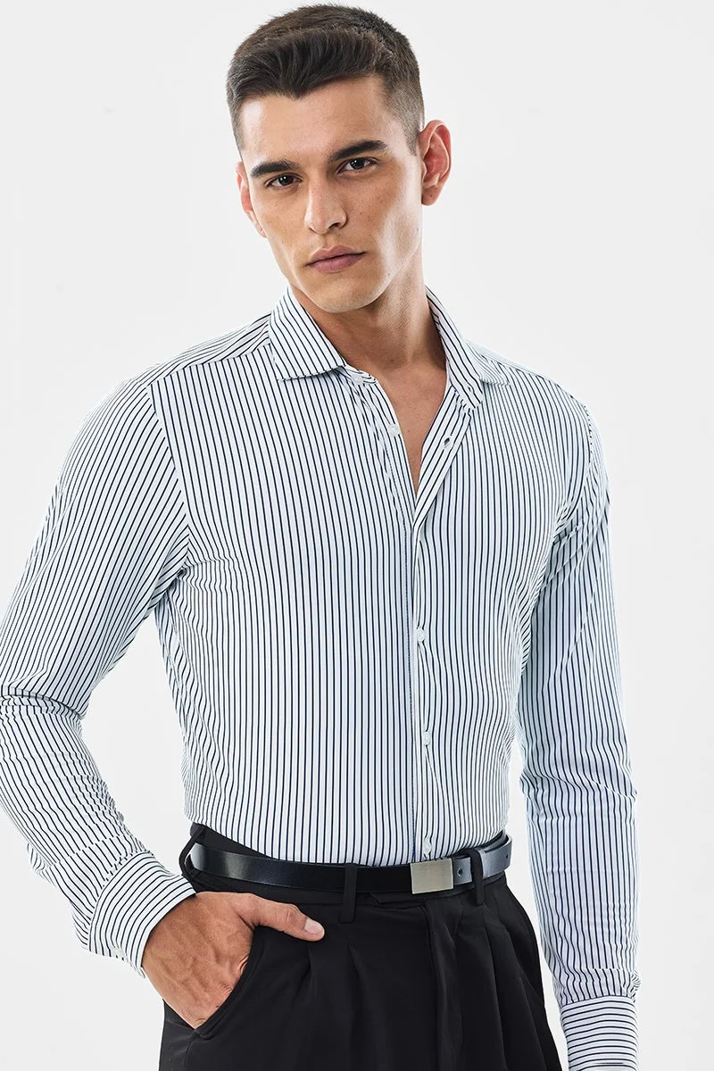 سنيتش White Striped Long Sleeve Slim Fit Shirt