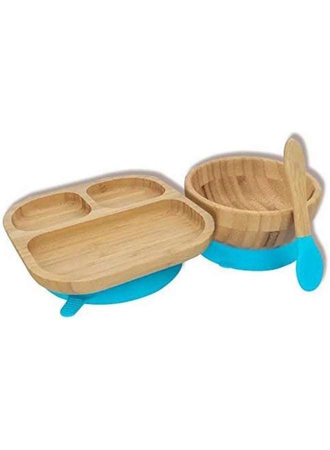 Youkoo kitchen Baby Toddler Stay Put Dish, Kids Suction Plate & Bowl, Bamboo Cute Dinnerware (Blue Set) - Image 1