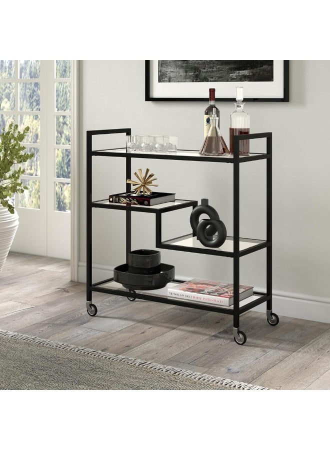 HOME TASTE Hometaste Metal Serving Trolley With Clear Glass Shelves PreAssembled Utility Cart For Kitchen, Restaurant, Bar And Hospital Heavy Duty 1.3Cm Thick Metal Frame Black, Big 100X40X90Cm 