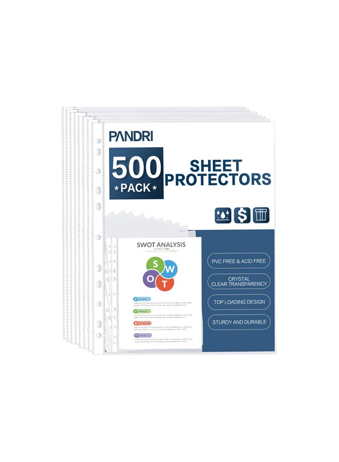 Pandri Sheet Protectors, Pandri 500 Pack Clear Heavy Duty Plastic Page Protectors Sheet Reinforced 11-Hole Fit For 3 Ring Binder Fits Standard 8.5 X 11 Paper, 9.25 X 11.25 Top Loaded, Acid Free