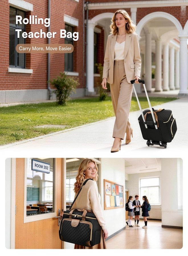 Arcoyard Rolling Teacher Bag with File Teacher Tote and Detachable Trolley, Large Rolling Bag for Work with 17.3 Inch Laptop Compartment, Work Bags for Women, Teaching, Nurse, Craft, Black Brown - Image 2