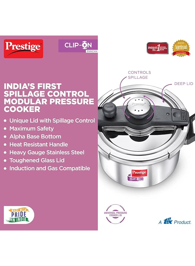 برستيج قدر ضغط من الفولاذ المقاوم للصدأ Svachh بمشبك تثبيت، سعة 5 لتر، مع غطاء زجاجي إضافي | فضي - Image 3