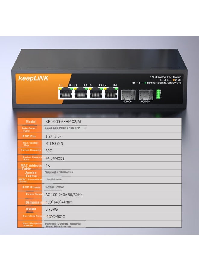 keepLiNK مفتاح كيبلينك Kp-9000-6Xhp-X2-Ac 2.5G 4 منافذ Poe+ 2 منفذ 10G Sfp رصد أمني شبكة مفتاح 75W - Image 1