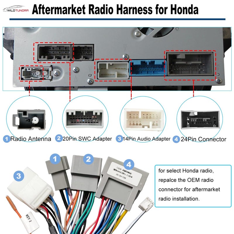 WildTundra 16Pin Aftermarket Android Car Radio Harness Adapter for Honda Civic 2012-2015 CR-V 2012-2015, 16Pin Android Car Stereo Wiring Harness with SWC Radio Antenna Adapter for Honda Civic CR-V - Image 2