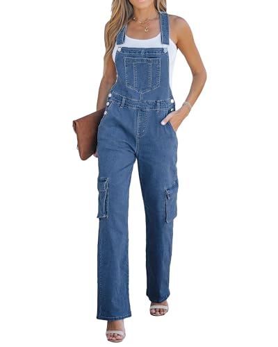 luvamia Jumpsuits For Women Jean Romper For Women Denim Casual Overalls Loose Fit Cotton Jumpsuits Classic Blue large Size 12 Size 14 - Image 1