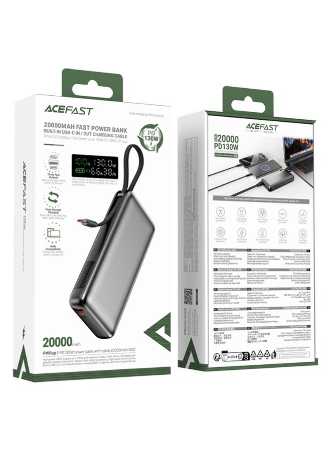 ACEFAST Power Bank 20000 Mah Fast Charger PD 130W, Smart LED Display, Built-In USB-C Cable, Travel-Friendly - Black - Image 2