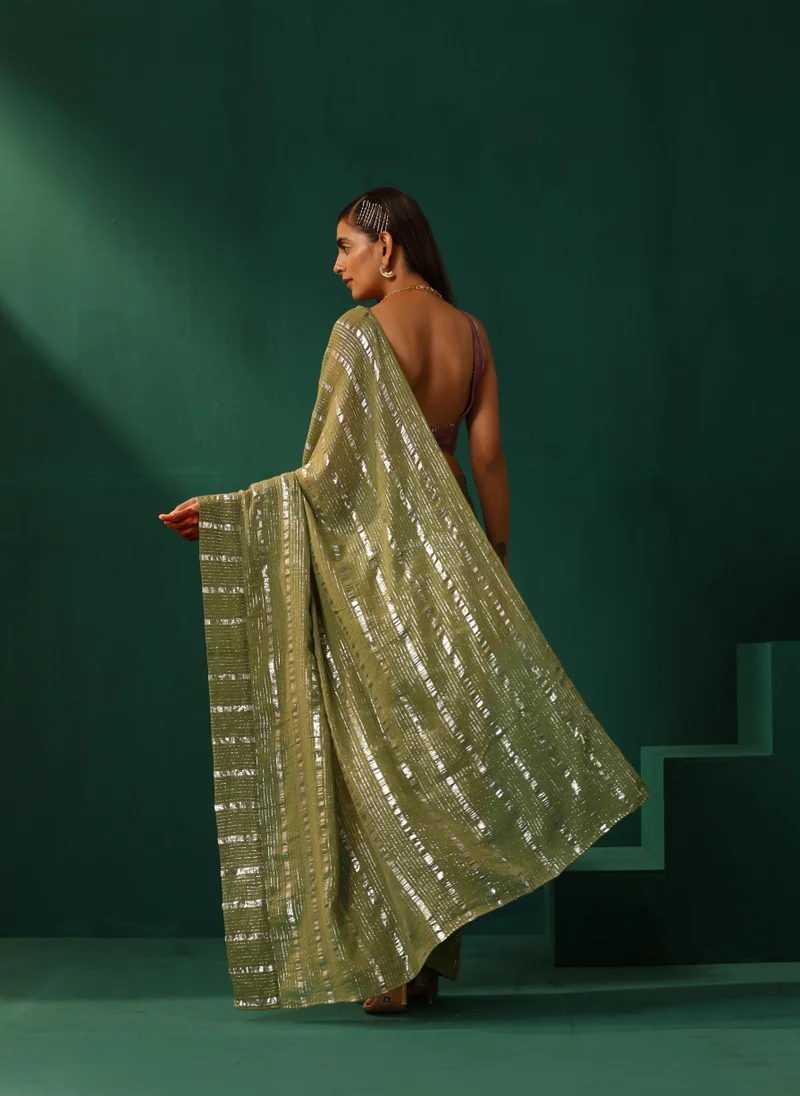 trueBrowns trueBrowns Sage Green Cotton Silver Striped Ready To Wear Saree