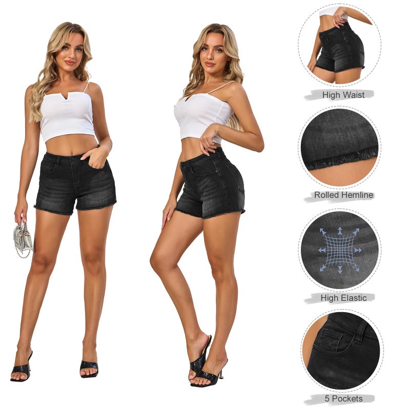 VIPONES Denim Shorts for Women Hem Stretchy Frayed Raw Casual Hot Pockets High Waistedï¼ˆ82-Blackï¼Œ8ï¼‰ - Image 4