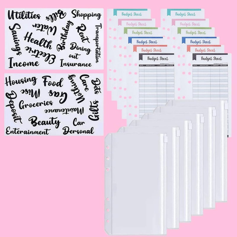 Budget Binder refilling Essential kit planner inner12 pvc clear pockets and 12 tracker sheets with 29 transparent budget stickers - Image 1