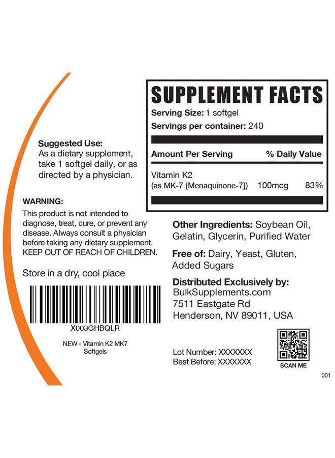 BULKSUPPLEMENTS.COM Vitamin K2 Softgels Vitamin K2 Mk7 Vitamin K2 Supplement Vit K2 Mk7 Mk7 Vitamin K2 Vitamin K2 100 Mcg 10Mg K2 Vitamin Per Softgel 240Day Supply (240 Softgels) - Image 3