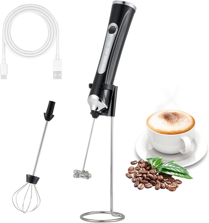 Freebala Handheld Electric Milk Frother With 2 Heads  Coffee Whisk Foam Mixer With Usb Rechargeable 3 Speeds  Foam Maker Blender For Latte  Cappuccino  Hot Chocolate  Egg (Black With Stand) - Image 1