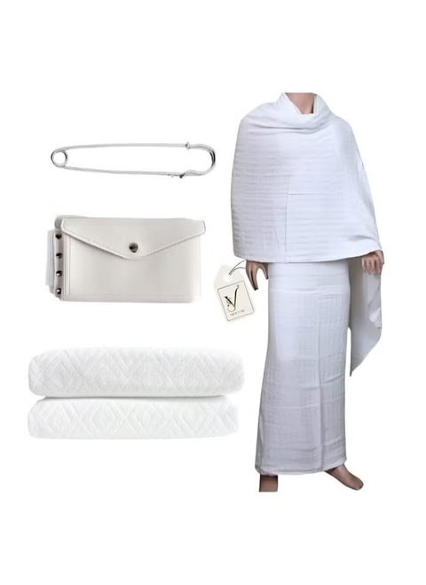 Set of 2 Ahram Towels for Mens - Hajj & Umrah Ihram - Ehram for Islamic Pilgrimage - Belt with Built-in Bag & Pins (Ahram Bag with Built-in Belt Bag & Pins)