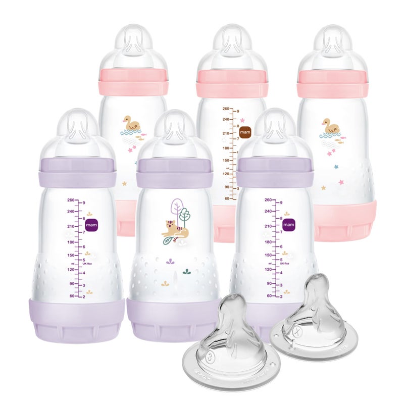 MAM 9oz Easy Start Anti-Colic Baby Bottles, Medium Flow with 2X Bonus Nipples (Fast and Extra Fast Flow), Reduces Colic, Gas, & Reflux, Easy-to-Clean, BPA-Free, 2 Plus Months - Image 1