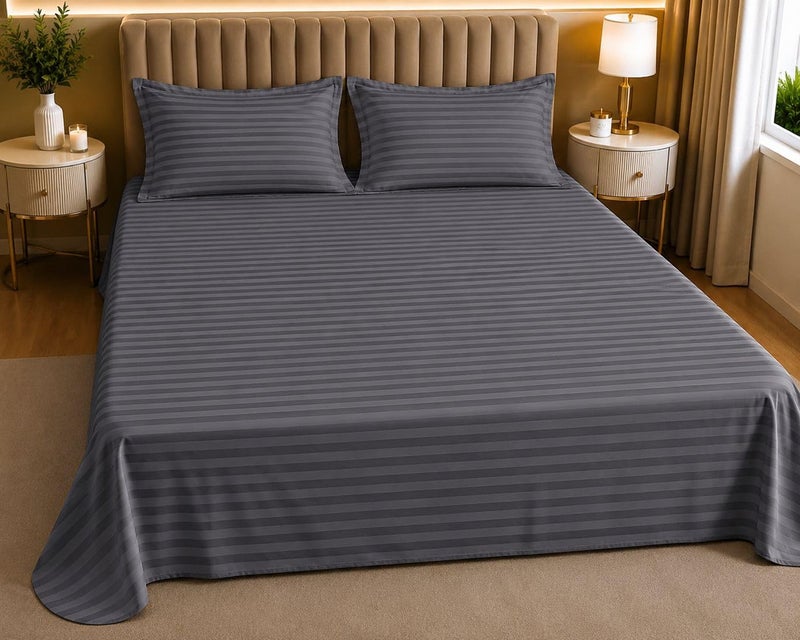 Castiqa Satin Fabric 210TC Striped Pattern King Size Double Bed Bedsheet with 2 Pillow Covers for Home/Hotels/Dining Room (Grey) - Image 1