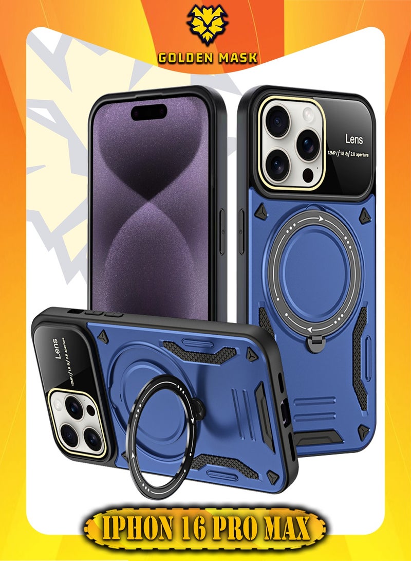جولدن ماسك لهاتف ايفون 16 برو ماكس (iPhone 16 Pro Max) جراب حماية عدسات كاميرات الموبايل مع حلقة مغناطيسية تدعم الشحن اللاسلكي  - (ازرق)