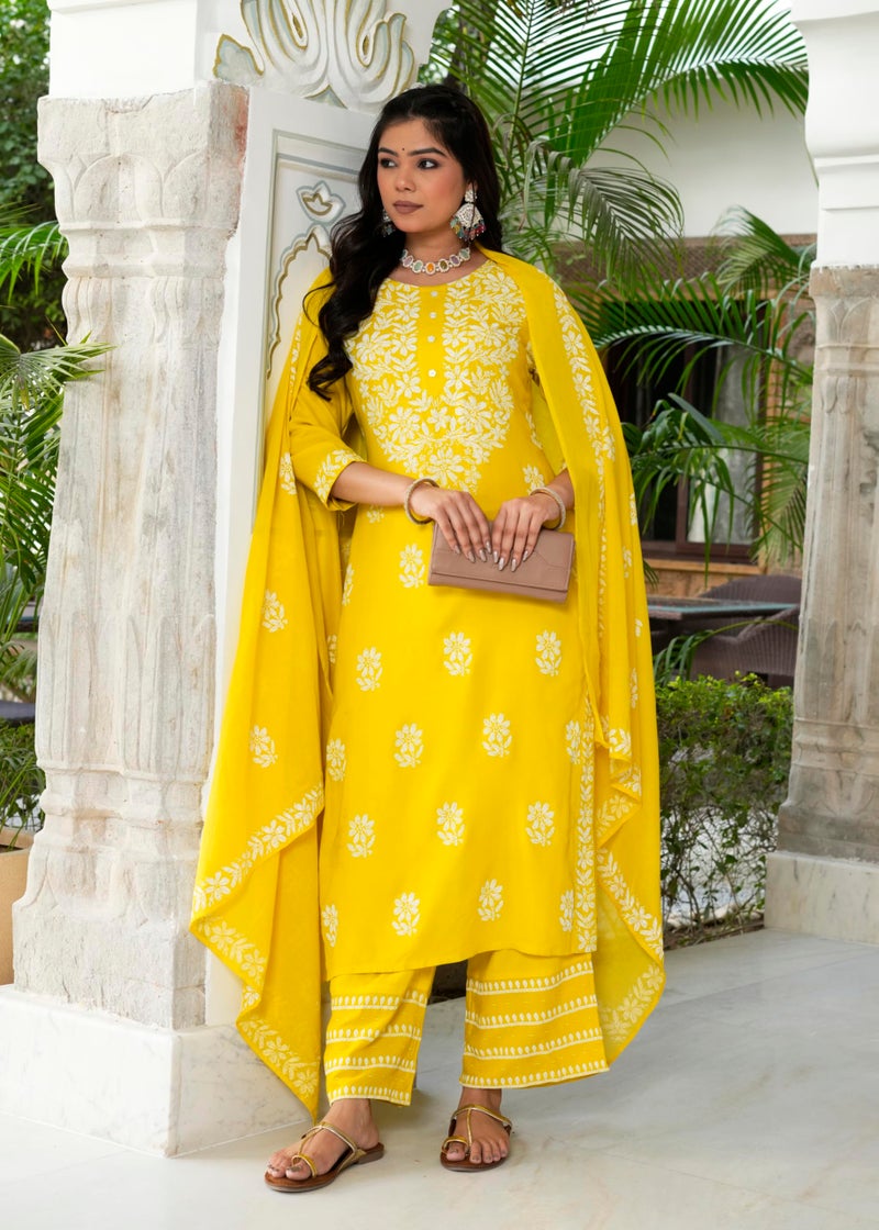 Yash Gallery Women’s Rayon Yellow Printed 3-Piece Kurta Set with Dupatta & Pants |Straight Fit Ethnic Wear | Floral Printed Design | Festive, Office & Casual Wear | Not Embroidered - Image 2