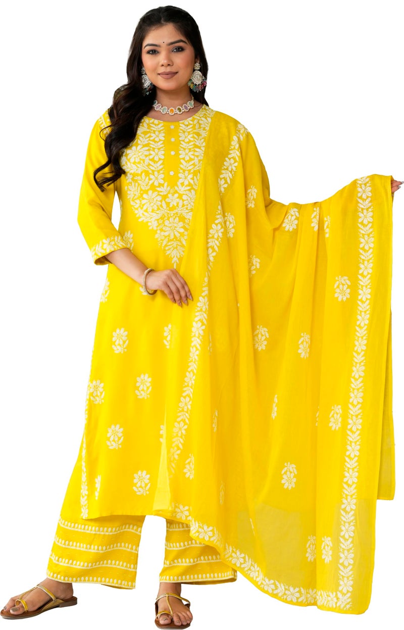 Yash Gallery Women’s Rayon Yellow Printed 3-Piece Kurta Set with Dupatta & Pants |Straight Fit Ethnic Wear | Floral Printed Design | Festive, Office & Casual Wear | Not Embroidered - Image 1