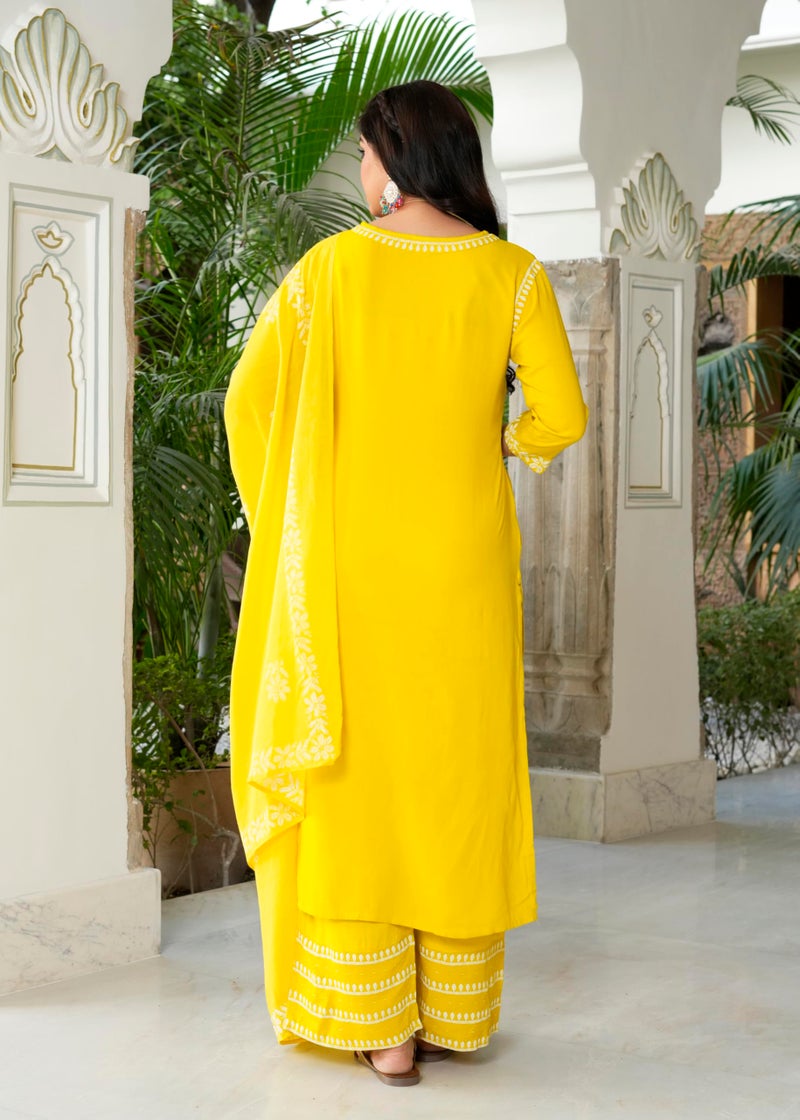 Yash Gallery Women’s Rayon Yellow Printed 3-Piece Kurta Set with Dupatta & Pants |Straight Fit Ethnic Wear | Floral Printed Design | Festive, Office & Casual Wear | Not Embroidered - Image 5