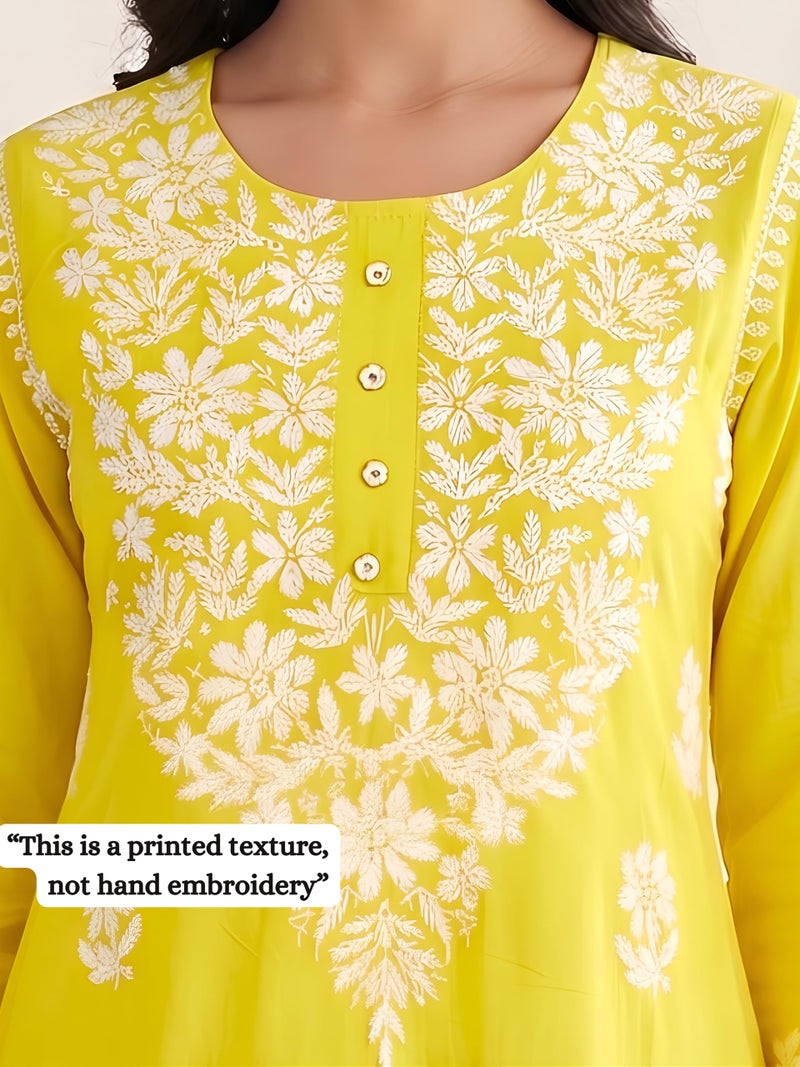 Yash Gallery Women’s Rayon Yellow Printed 3-Piece Kurta Set with Dupatta & Pants |Straight Fit Ethnic Wear | Floral Printed Design | Festive, Office & Casual Wear | Not Embroidered - Image 3