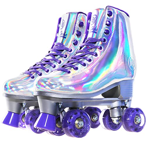 JajaHoho Roller Skates for Women, Holographic High Top Classic Rollerskates, Shiny Double-Row Glitter Four Wheels Quad Skates for Girls, Age 3-50, Indoor &Outdoor (Size 5, Silver Purple) - Image 1