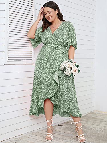 SCOMCHIC Women Plus Size Boho Dress Wrap V Neck Short Sleeve High Low Split Flowy Green Maxi Dress 2XL - Image 4