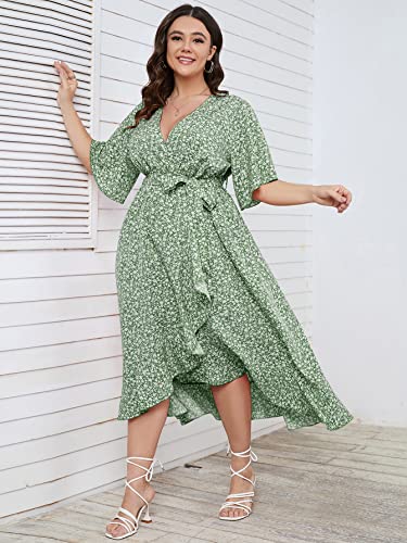 SCOMCHIC Women Plus Size Boho Dress Wrap V Neck Short Sleeve High Low Split Flowy Green Maxi Dress 2XL - Image 2