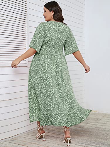 SCOMCHIC Women Plus Size Boho Dress Wrap V Neck Short Sleeve High Low Split Flowy Green Maxi Dress 2XL - Image 3