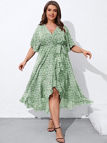 SCOMCHIC Women Plus Size Boho Dress Wrap V Neck Short Sleeve High Low Split Flowy Green Maxi Dress 2XL - Image 5