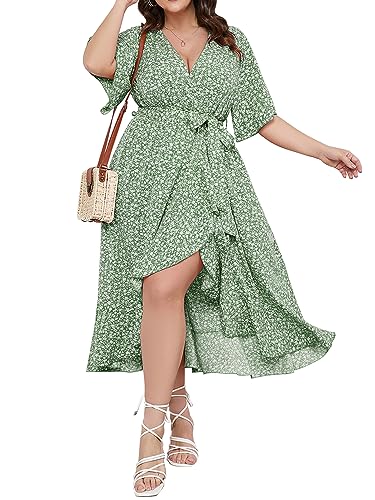 SCOMCHIC Women Plus Size Boho Dress Wrap V Neck Short Sleeve High Low Split Flowy Green Maxi Dress 2XL - Image 1