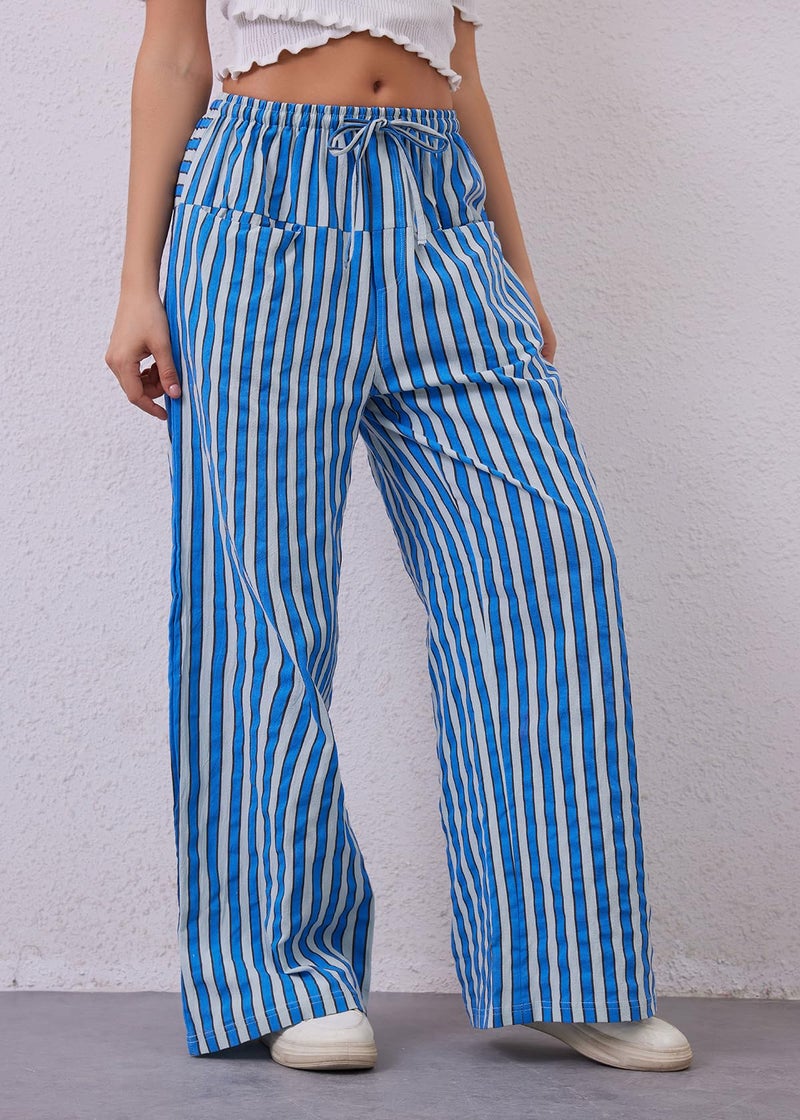 MISSACTIVER Women Drawstring Striped Pants Loose Wide Leg Trousers Casual Low Waist Pants Comfy Lounge Pants with Pockets Blue - Image 3