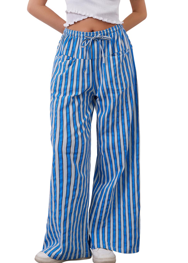 MISSACTIVER Women Drawstring Striped Pants Loose Wide Leg Trousers Casual Low Waist Pants Comfy Lounge Pants with Pockets Blue - Image 1